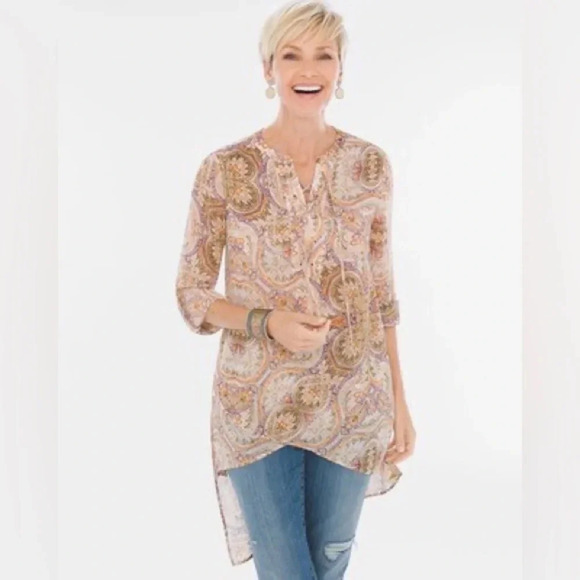 Chico’s Mirrored Beauty Lace-Up Top Tunic Paisley asymmetrical Sz 1 US 8 / M - Picture 1 of 14
